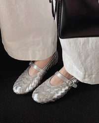 Women's Woven Faux Leather Mary Jane Flats with Low Block Heel - Maisie London