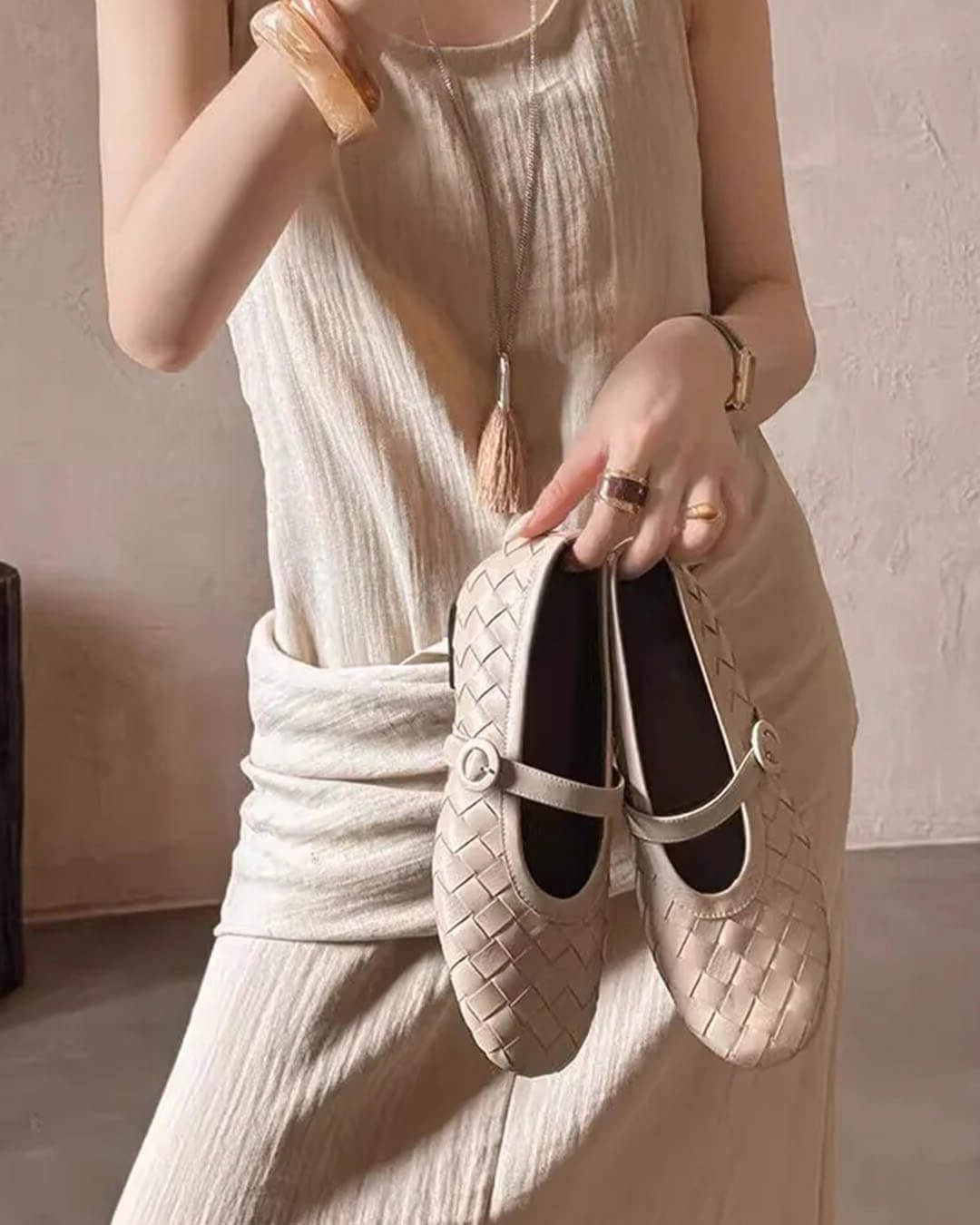 Women's Woven Faux Leather Mary Jane Flats with Low Block Heel - Maisie London