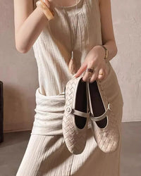Women's Woven Faux Leather Mary Jane Flats with Low Block Heel - Maisie London