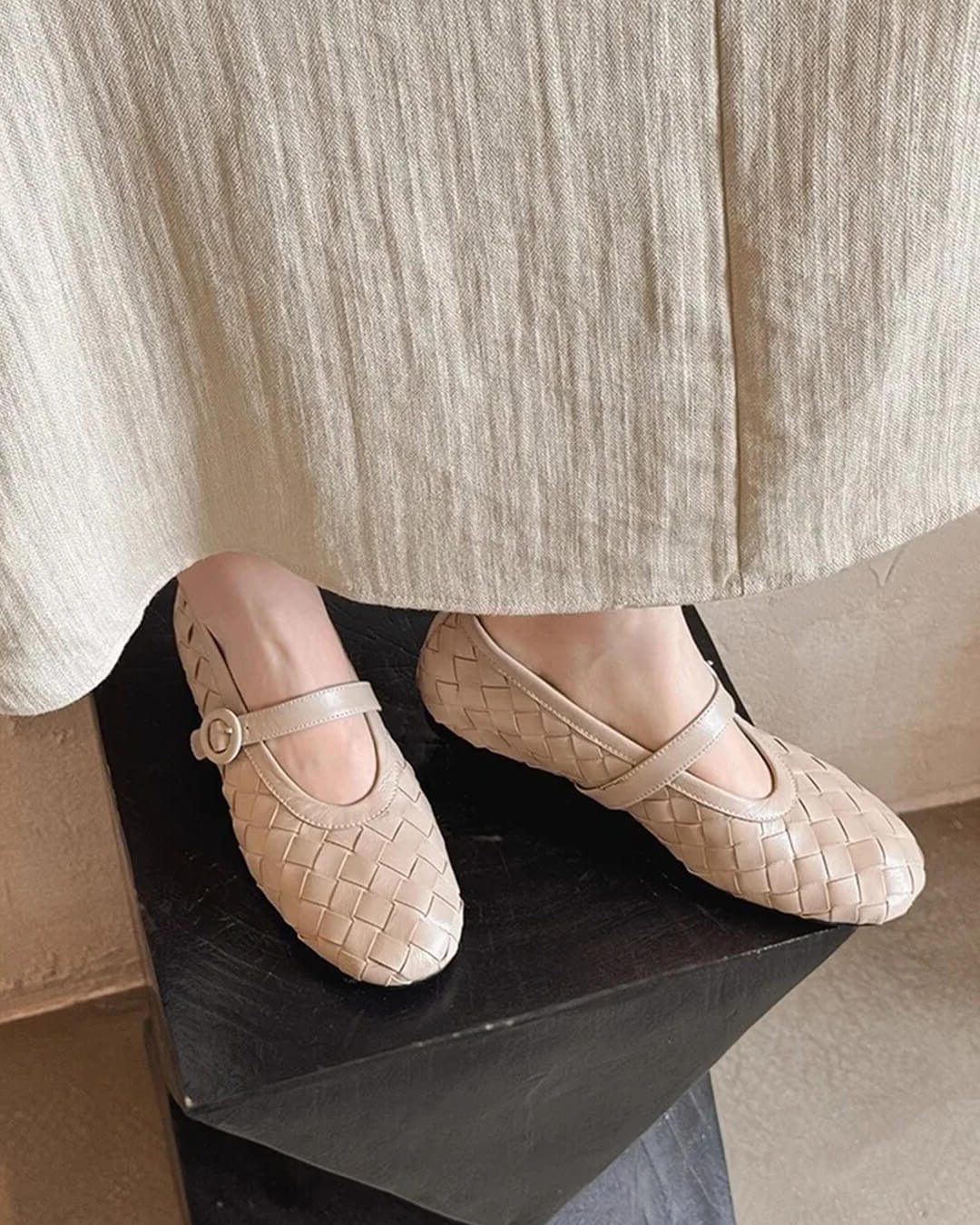 Women's Woven Faux Leather Mary Jane Flats with Low Block Heel - Maisie London