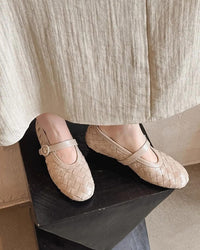 Women's Woven Faux Leather Mary Jane Flats with Low Block Heel - Maisie London