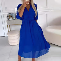 Women's Chiffon Wrap Midi Dress with Puff Sleeves and Ruched Waist - Maisie London