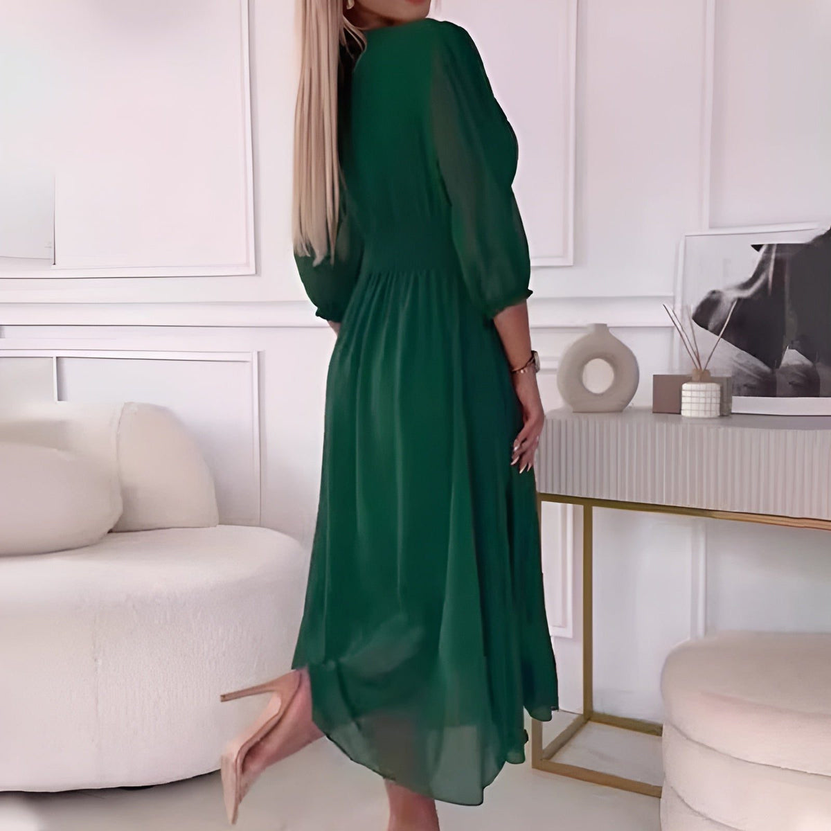 Women's Chiffon Wrap Midi Dress with Puff Sleeves and Ruched Waist - Maisie London