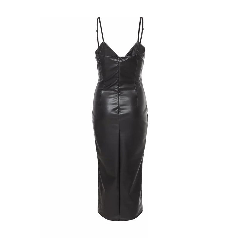 Women's Black Faux Leather Midi Dress with V-Neck and Side Split - Maisie London