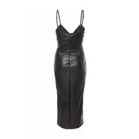 Women's Black Faux Leather Midi Dress with V-Neck and Side Split - Maisie London