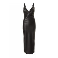Women's Black Faux Leather Midi Dress with V-Neck and Side Split - Maisie London