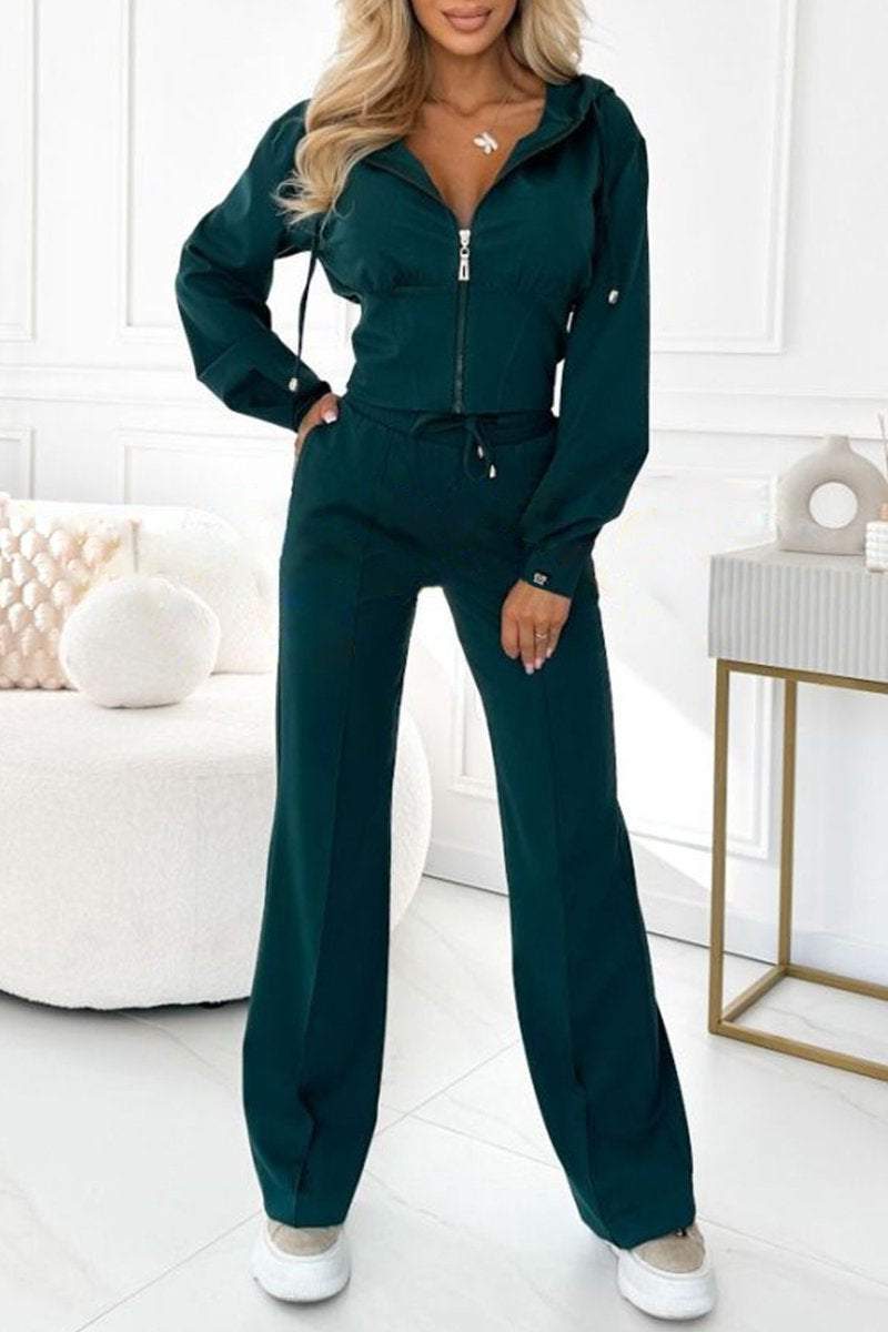 Women's Wide-Leg Co-ord Set with Hooded Zip Top and Drawstring Waist - Maisie London