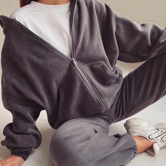 Women's Fleece Oversized Zip-Up Hoodie and Jogger Co-ord Set - Maisie London