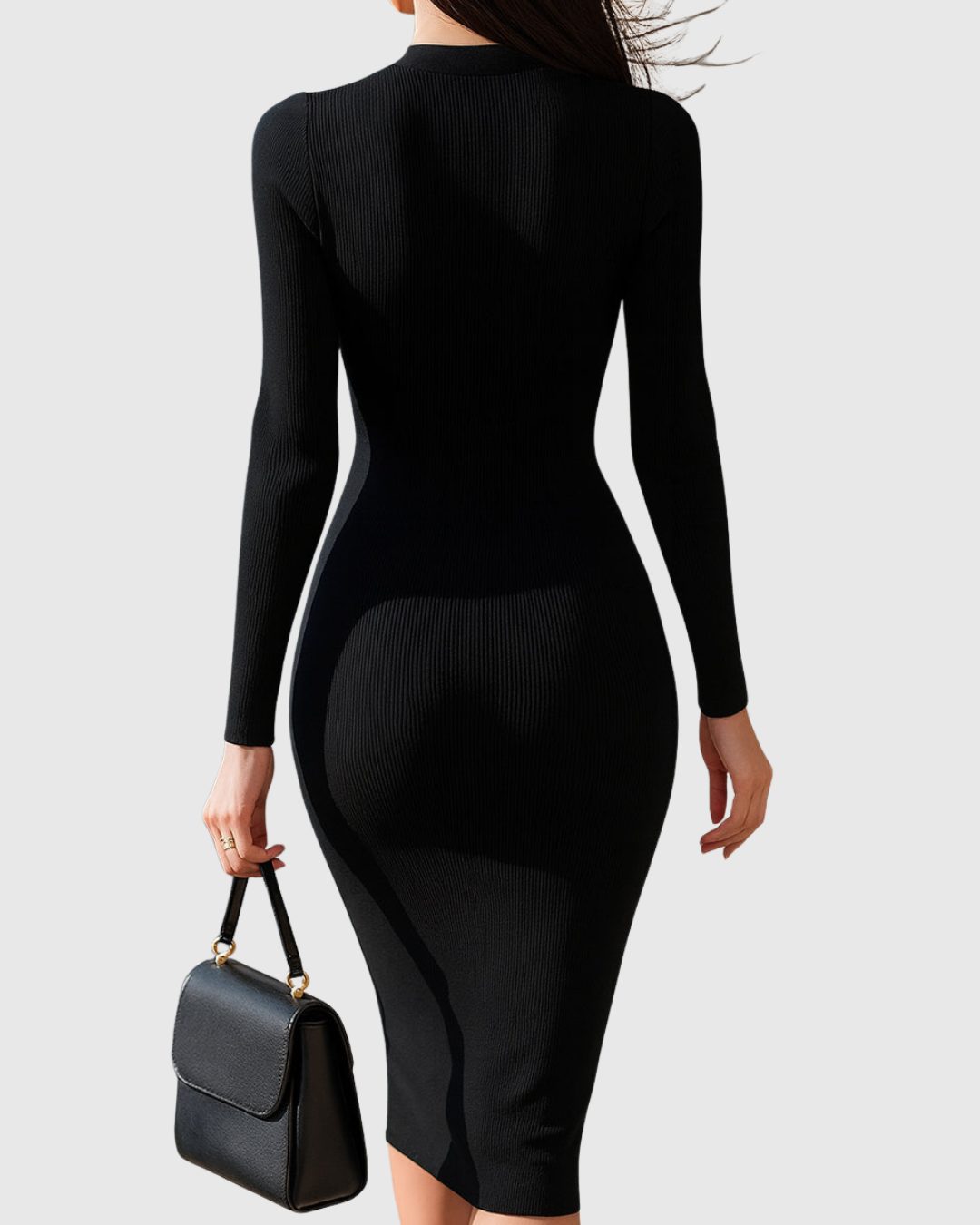 Women's Black Ribbed Knit Midi Dress with Zip Front and Pockets - Maisie London