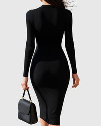 Women's Black Ribbed Knit Midi Dress with Zip Front and Pockets - Maisie London