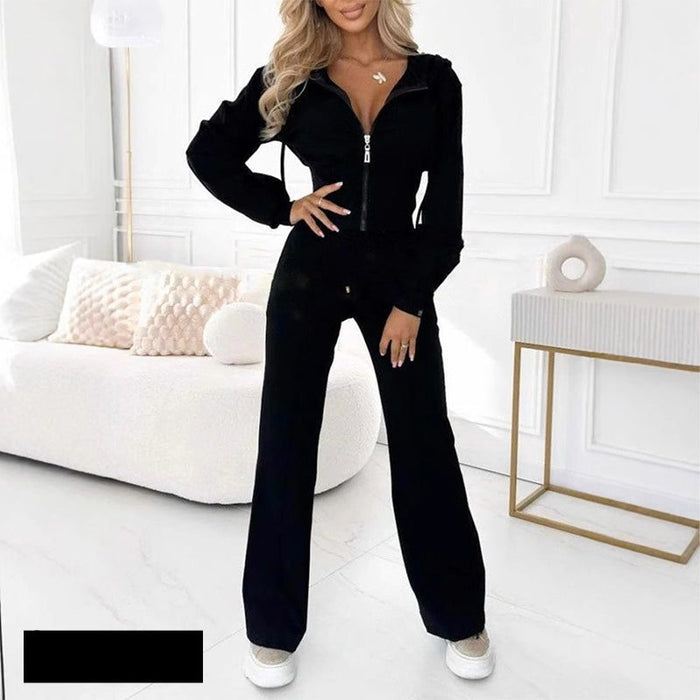Women's Velour Zip-Up Hooded Co-ord Set with Straight-Leg Trousers - Maisie London