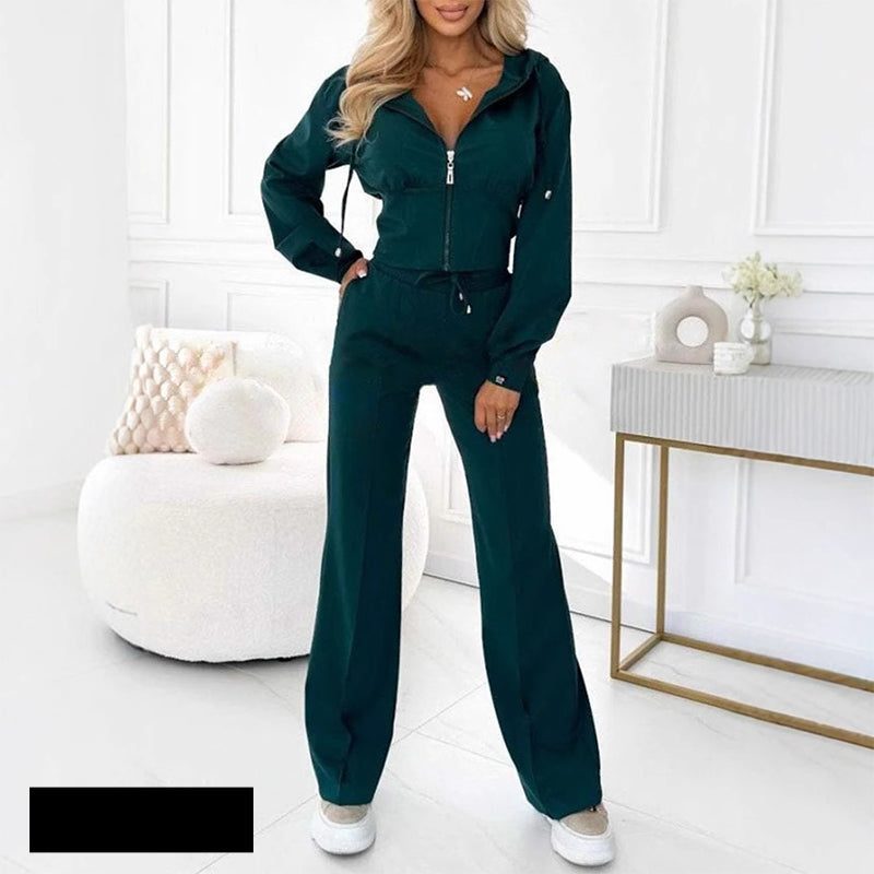 Women's Velour Zip-Up Hooded Co-ord Set with Straight-Leg Trousers - Maisie London