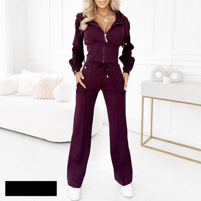 Women's Velour Zip-Up Hooded Co-ord Set with Straight-Leg Trousers - Maisie London