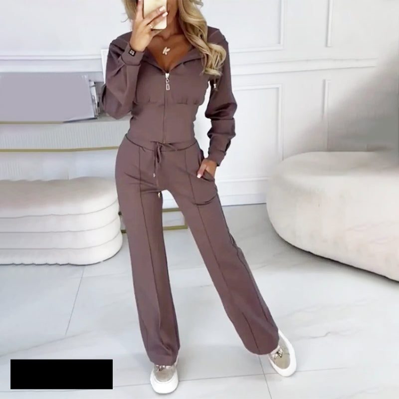 Women's Velour Zip-Up Hooded Co-ord Set with Straight-Leg Trousers - Maisie London