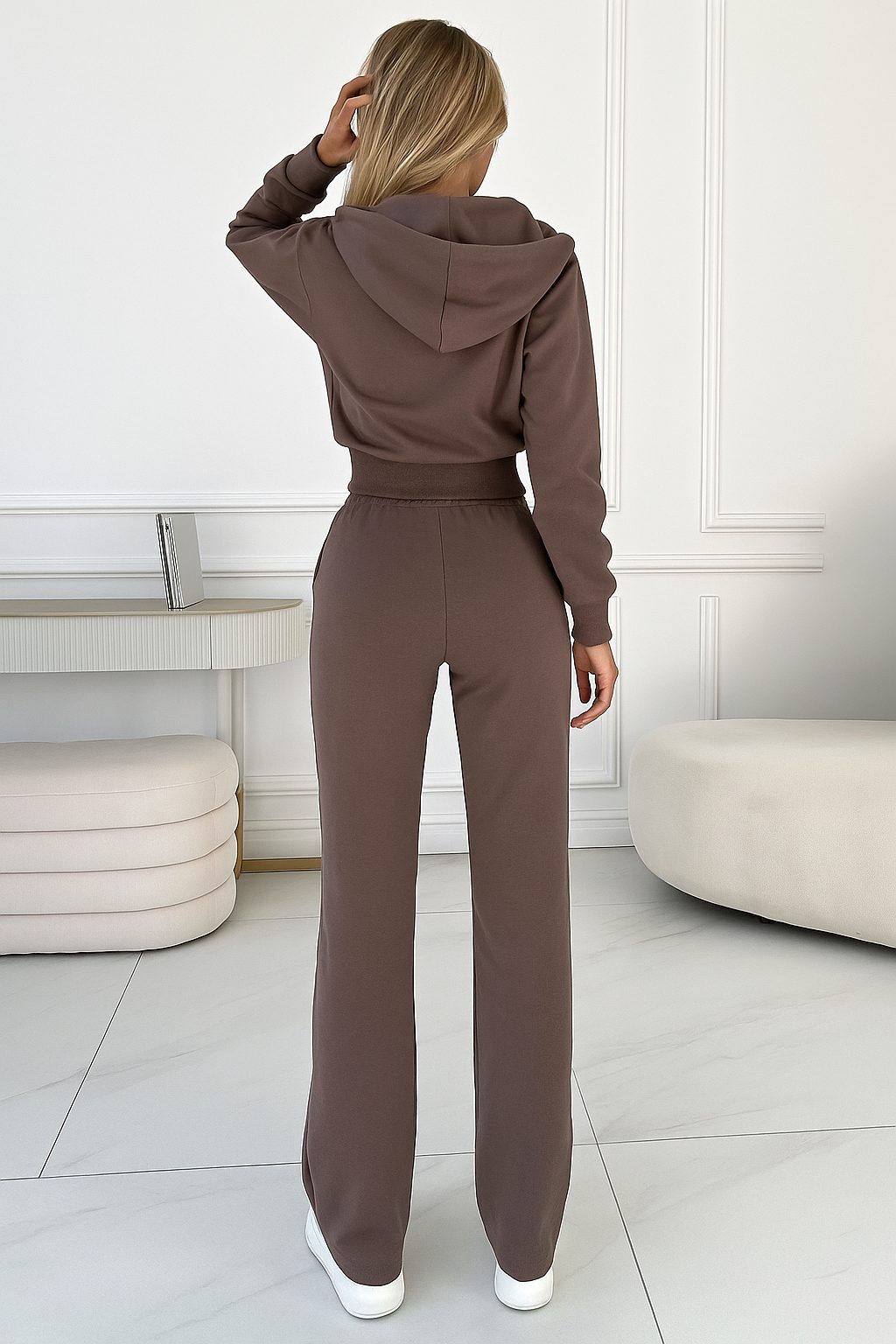 Women's Velour Zip-Up Hooded Co-ord Set with Straight-Leg Trousers - Maisie London